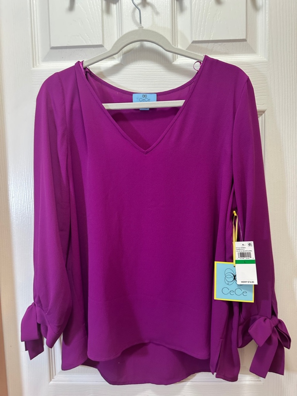 NWT CeCe Women's V-Neck Tie-Sleeve Blouse in Fuchsia